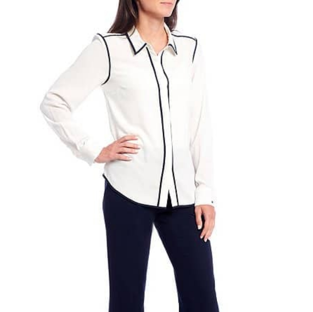 Soft Woven Contrast Pipe Trim Long Sleeve Shirt